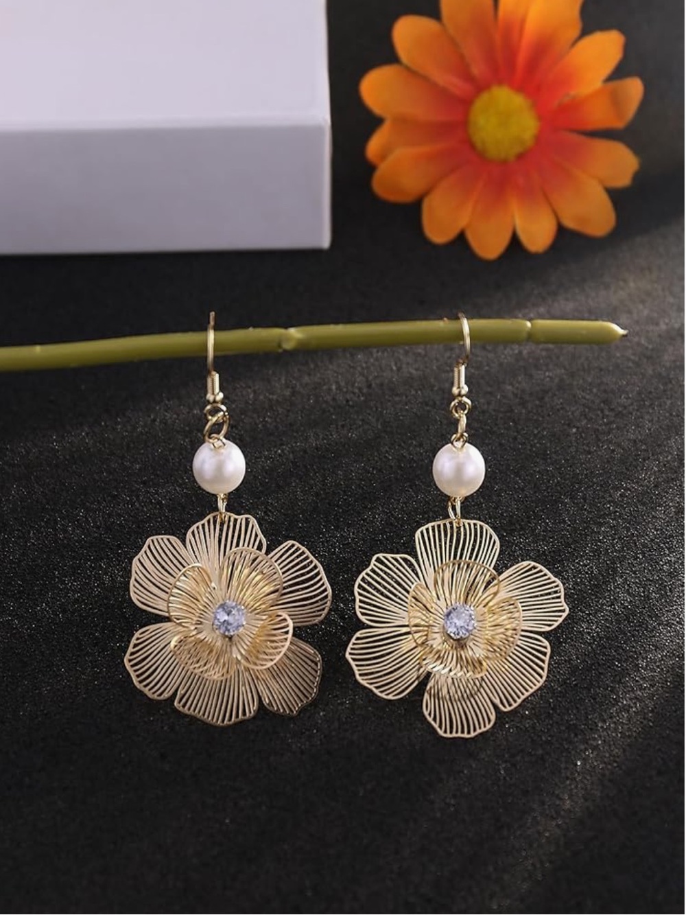 Anthropologie Gold Flower Drop Earrings with Pearl - Picture 6 of 6